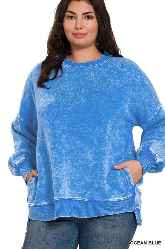 Plus Ocean Blue Acid Wash Fleece Hi-Low Pullover