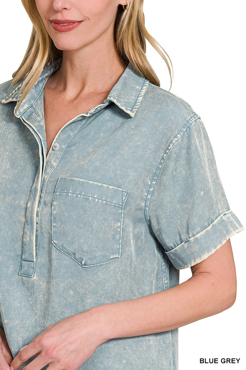 Blue Grey Mineral Wash Collared Dress