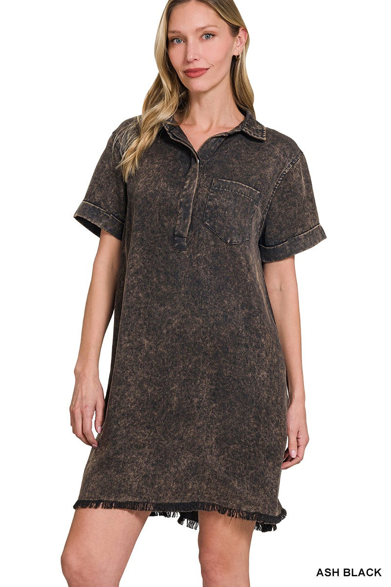 Ash Black Mineral Washed Collared Short Dress