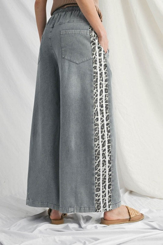 Animal Print & Denim Wide Leg Pants