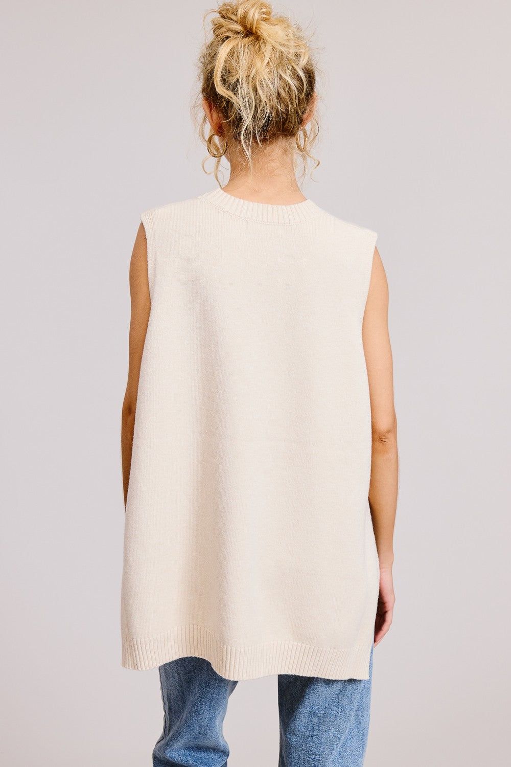 Oatmeal Sleeveless Mock Neck Hi Lo Sweater