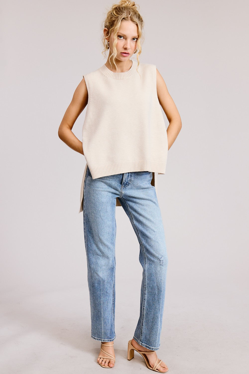 Oatmeal Sleeveless Mock Neck Hi Lo Sweater