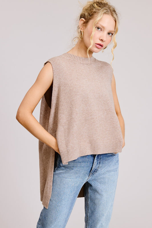 Beige Sleeveless Mock Neck Hi Lo Sweater