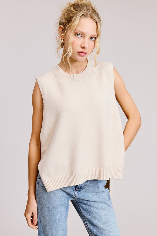 Oatmeal Sleeveless Mock Neck Hi Lo Sweater