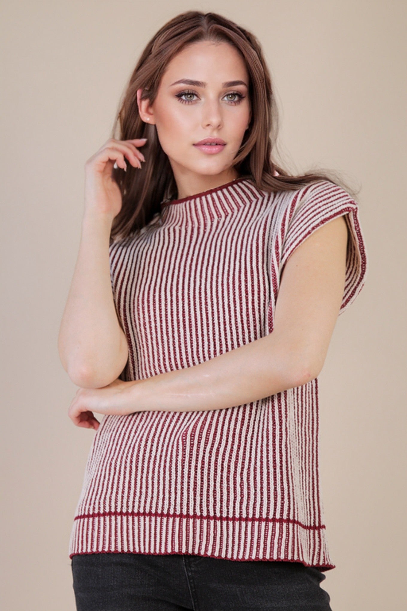 Burgundy Two Tone Ribbed Knit Sweater Vest