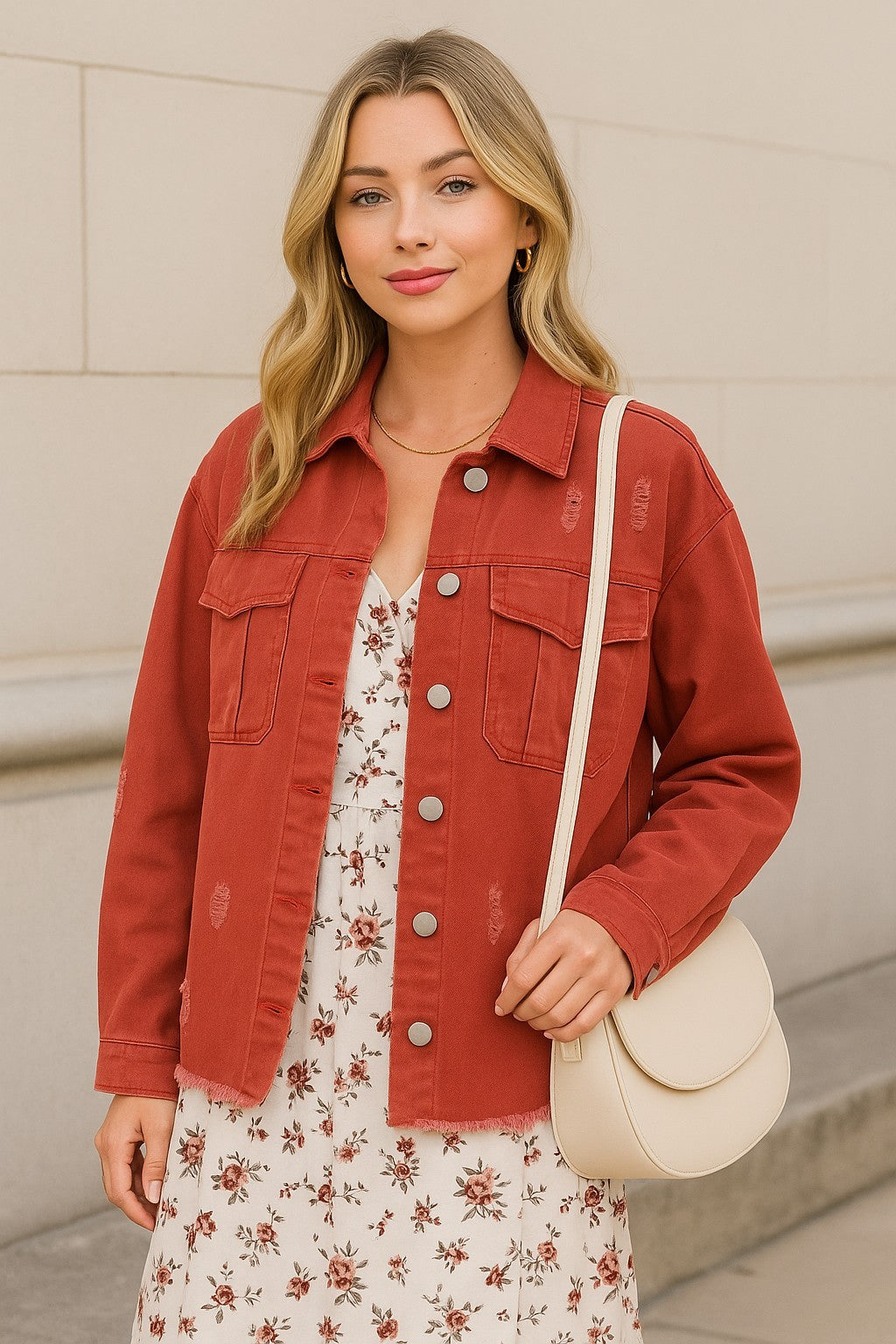 D Mauve (Brick) LS Distressed Button Down Jacket