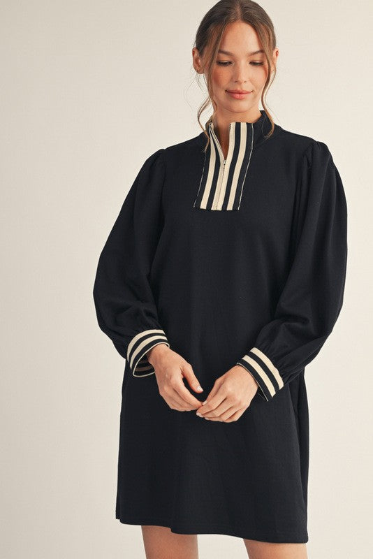 Stripe Contrast Detail Zip Up Casual Dress-Black