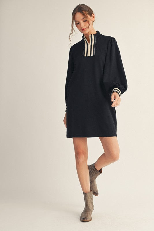 Stripe Contrast Detail Zip Up Casual Dress-Black