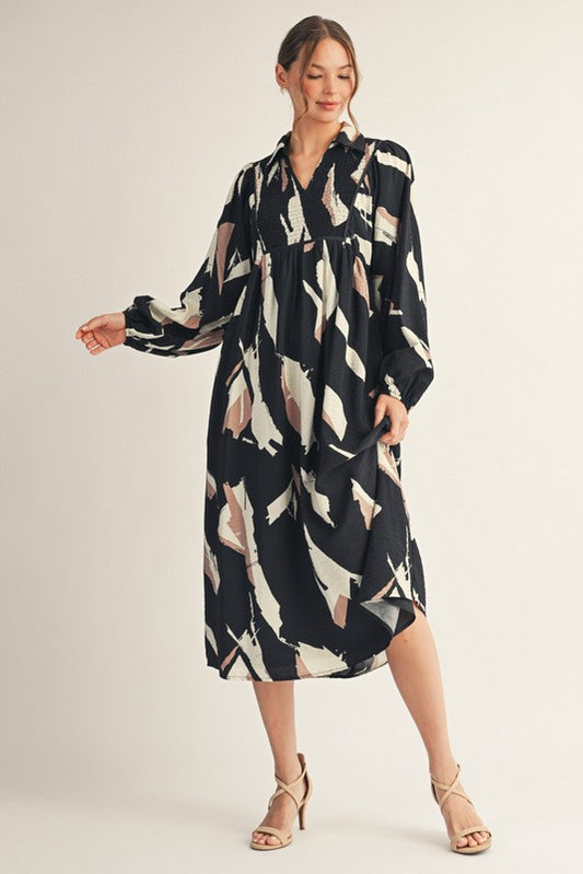 Black Chest Smocking Print Midi Dress