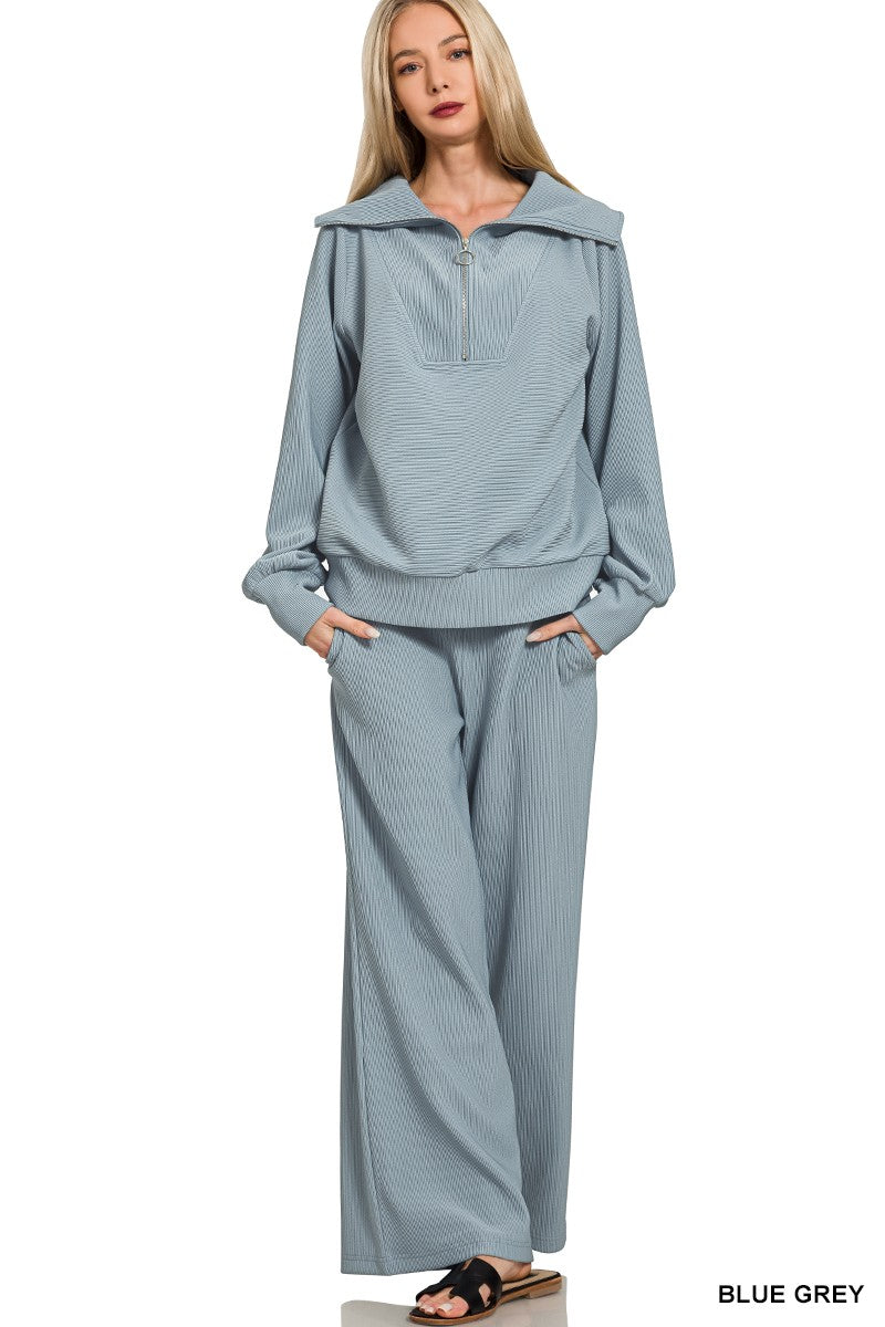 Ribbed Pullover & Pants Set-Blue Grey