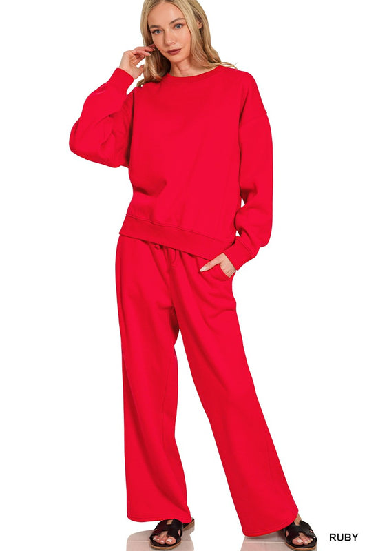 Fleece Long Sleeve Pullover & Sweatpants Red