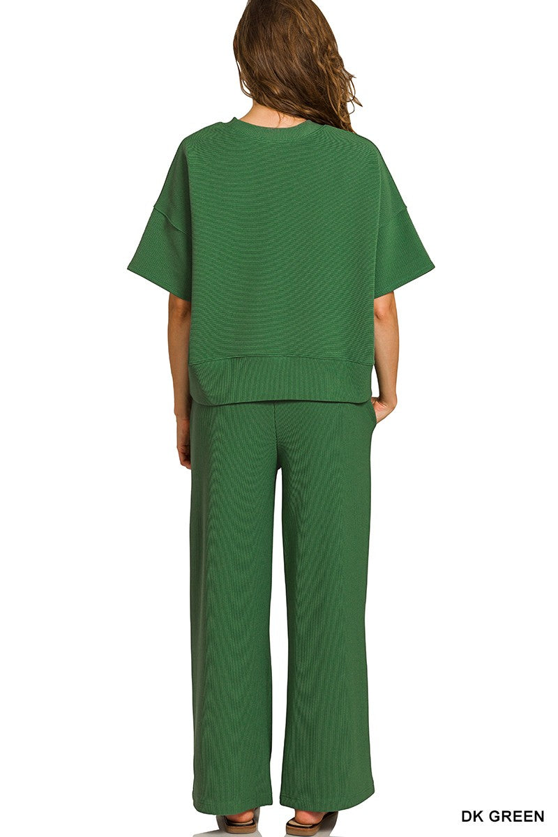 Green Ribbed Round Neck Tee and Pants Set