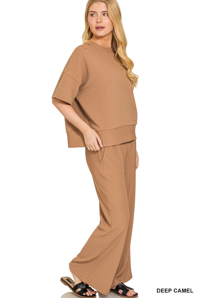 Ribbed Round Neck Tee & Pants Deep Camel