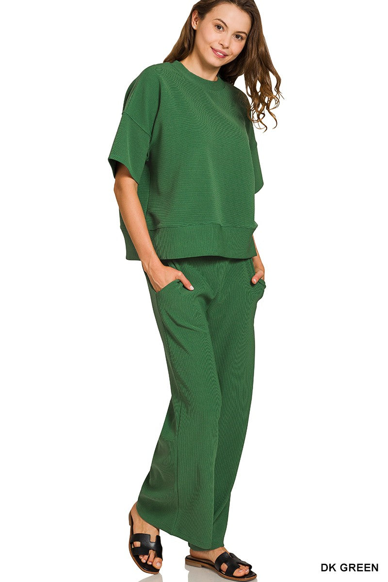 Green Ribbed Round Neck Tee and Pants Set
