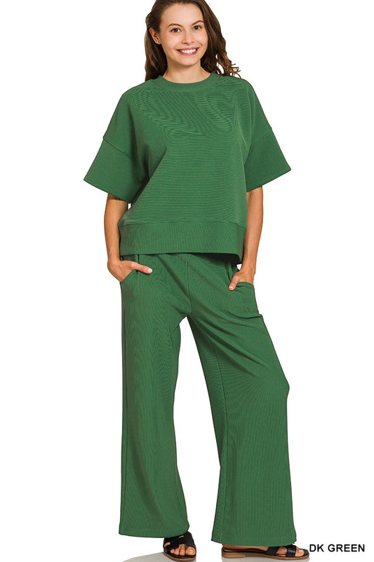 Green Ribbed Round Neck Tee and Pants Set