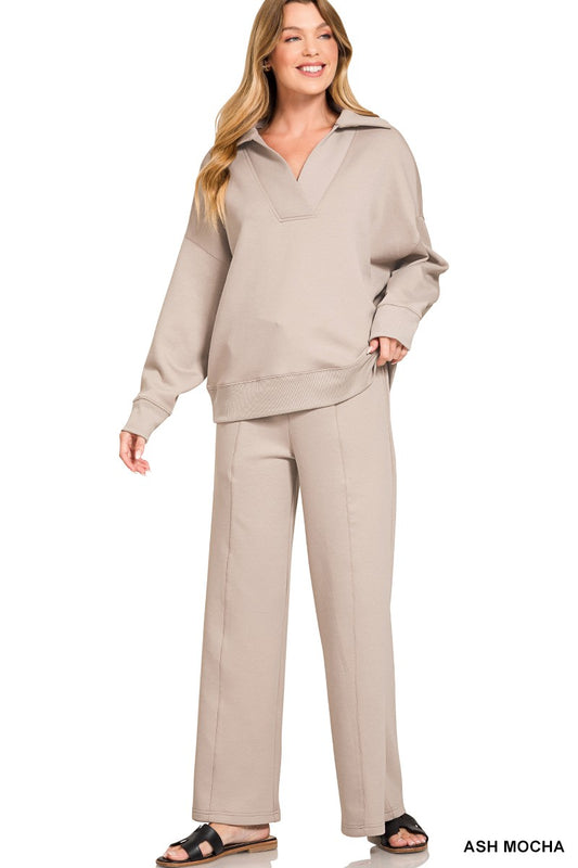 Ash Mocha Scuba Collared Pullover Pants Set