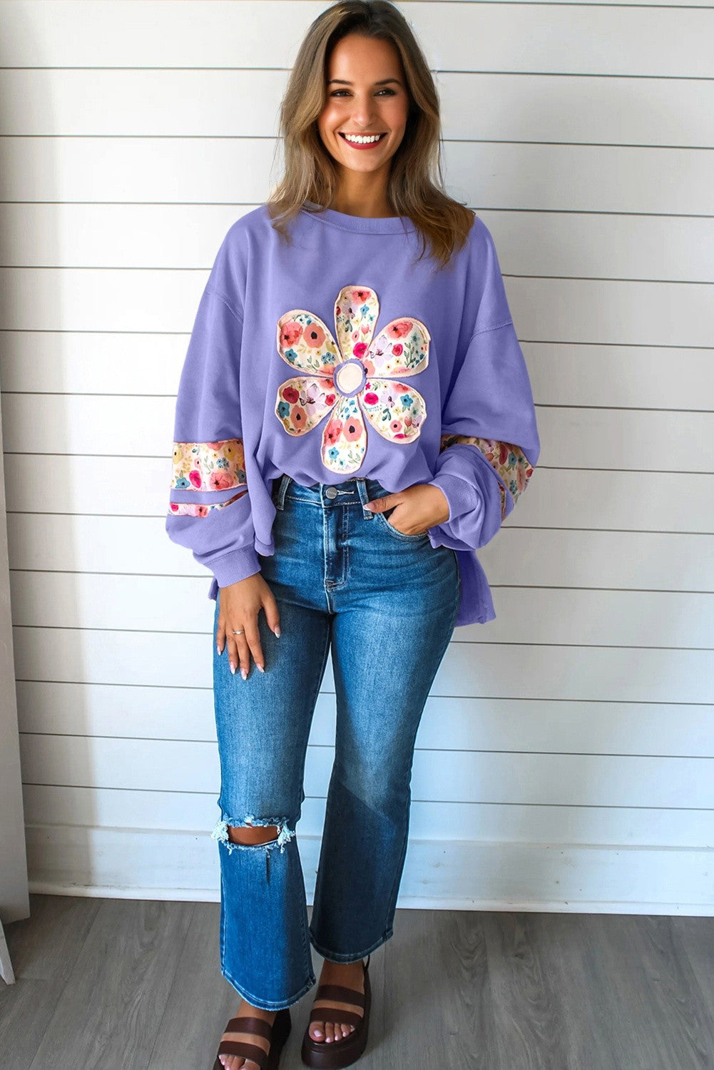 Floral Patchwork Long Sleeve Top Lilac