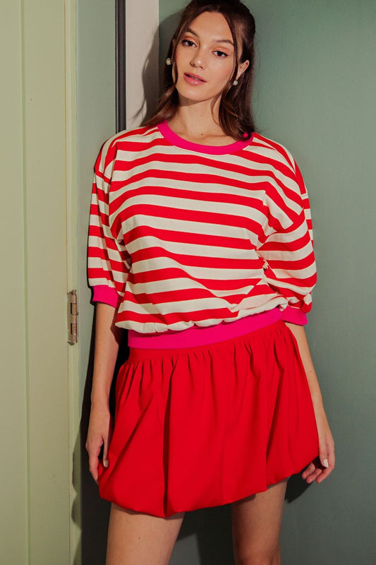 Stripe Bubble Sleeve Top-Red