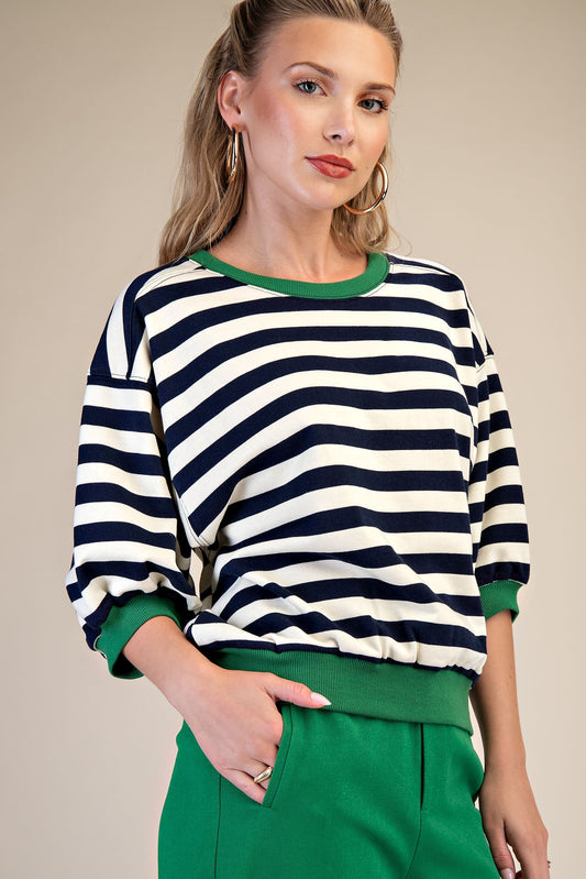 Stripe  Bubble Sleeve Top Navy