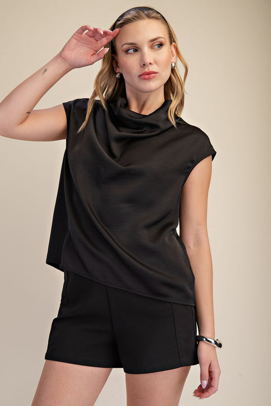 Cowl Neck Sleeveless Top-Black