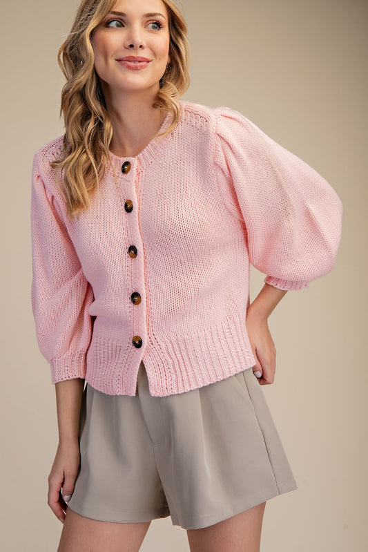 Pink Short Puff Sleeve Button Down Sweater