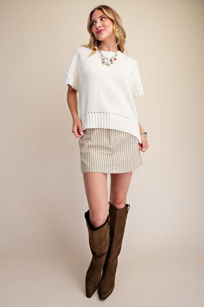 Glam Knit Short Sleeve Crew Neck Sweater Top-Cream