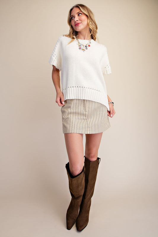 Glam Knit Short Sleeve Crew Neck Sweater Top-Cream