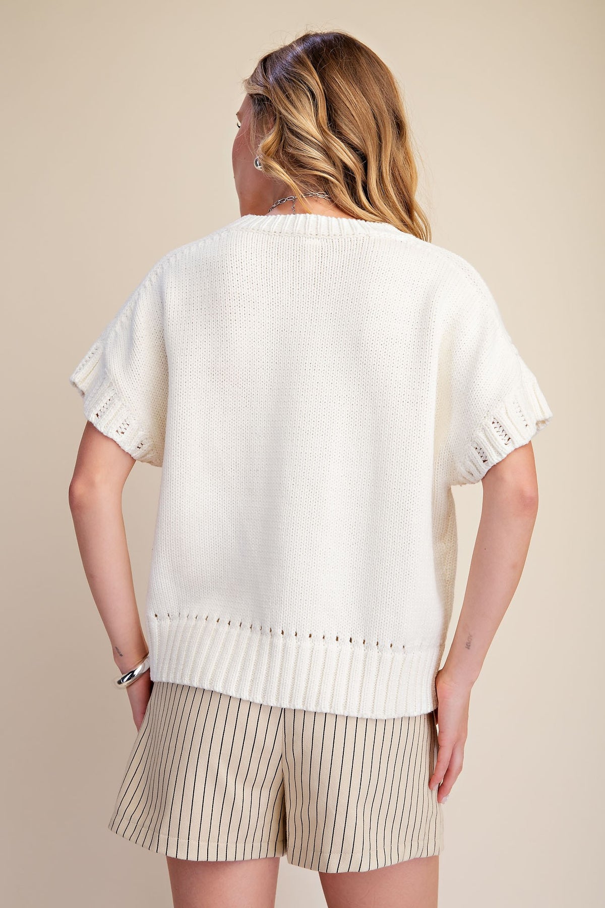 Glam Knit Short Sleeve Crew Neck Sweater Top-Cream