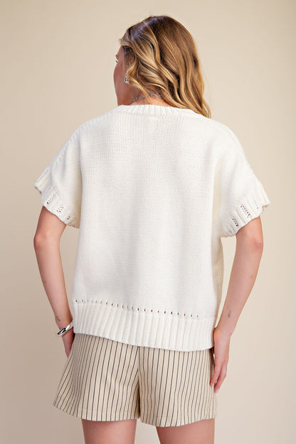 Glam Knit Short Sleeve Crew Neck Sweater Top-Cream