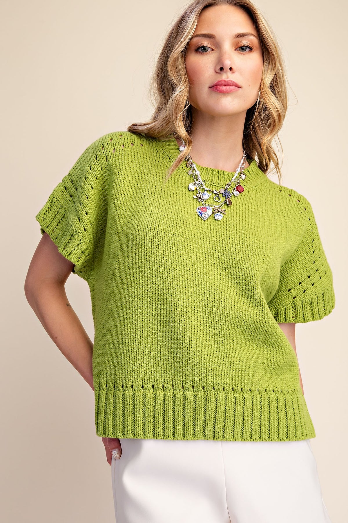 Glam Knit Short Sleeve Crew Neck Sweater Top