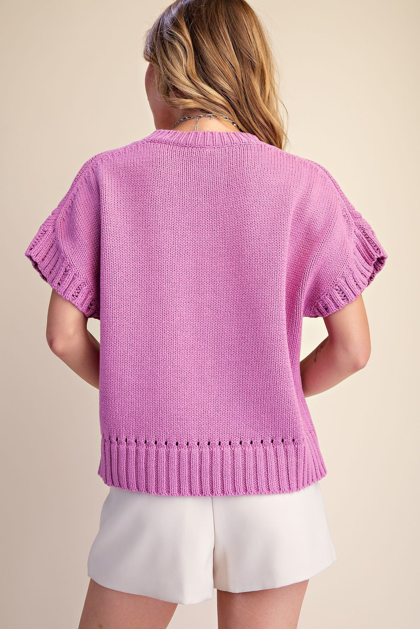 Glam Knit Short Sleeve Crew Neck Sweater Top