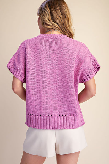 Glam Knit Short Sleeve Crew Neck Sweater Top