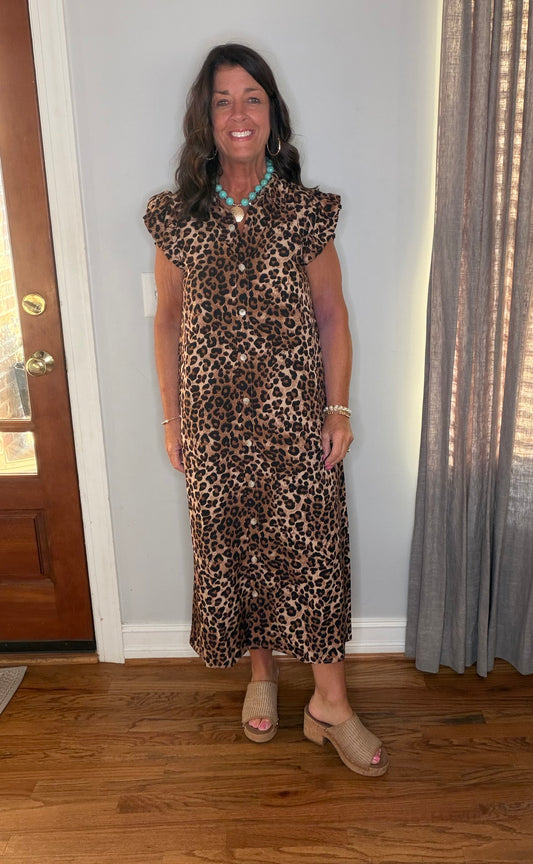 Animal Print Puff Sleeve Midi Dress