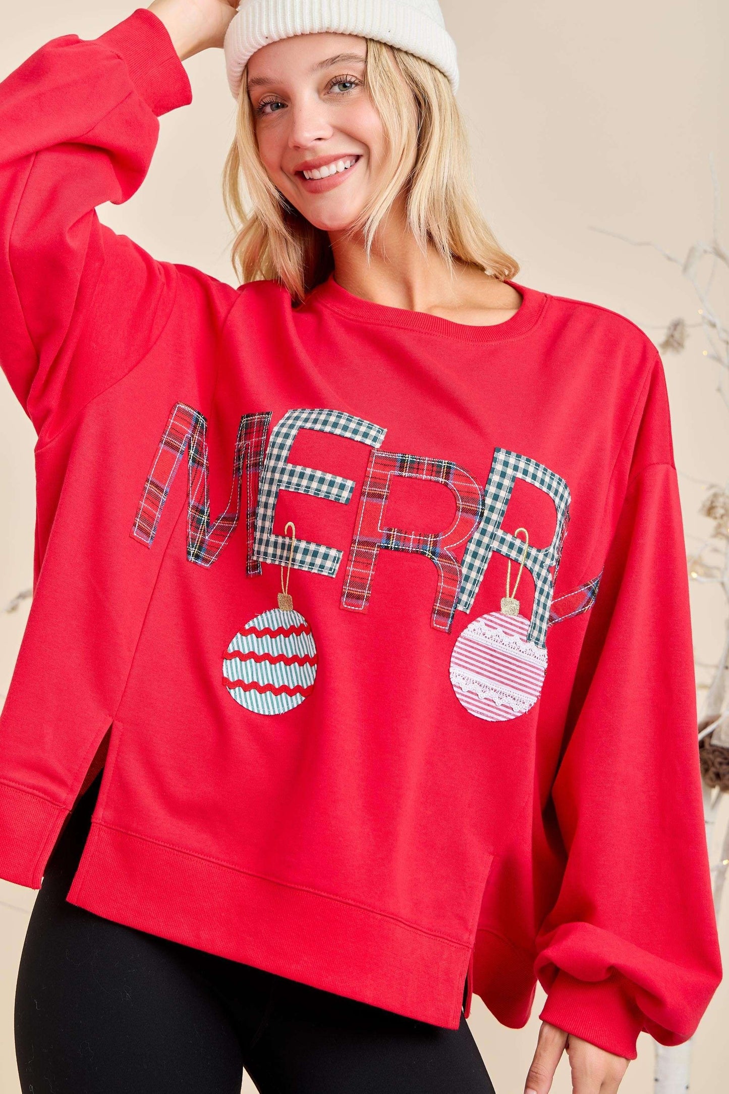 Merry Ornament Oversized Top-Red