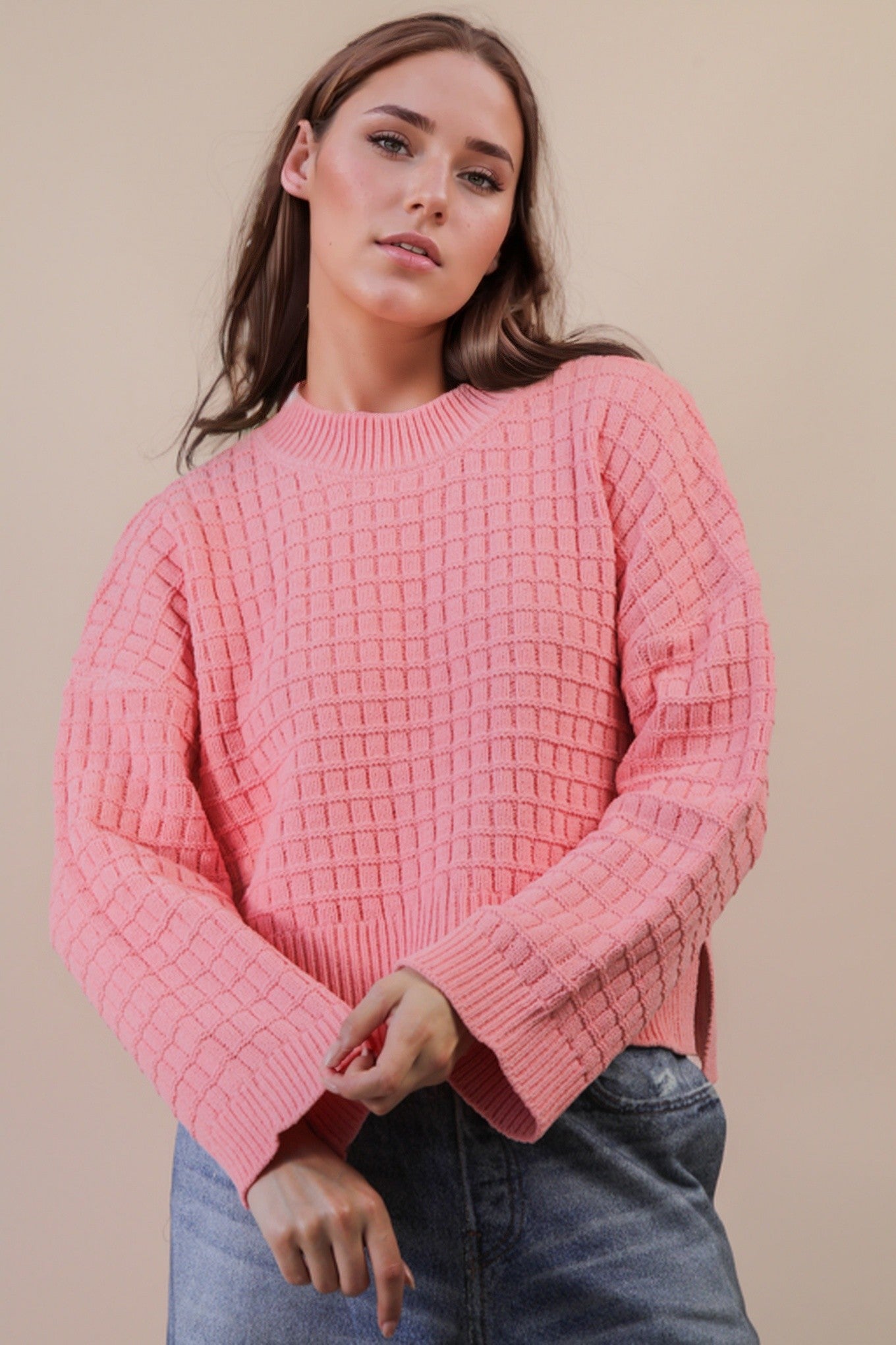 Oversized Textured Solid Casual Knit Sweater Top-Coral