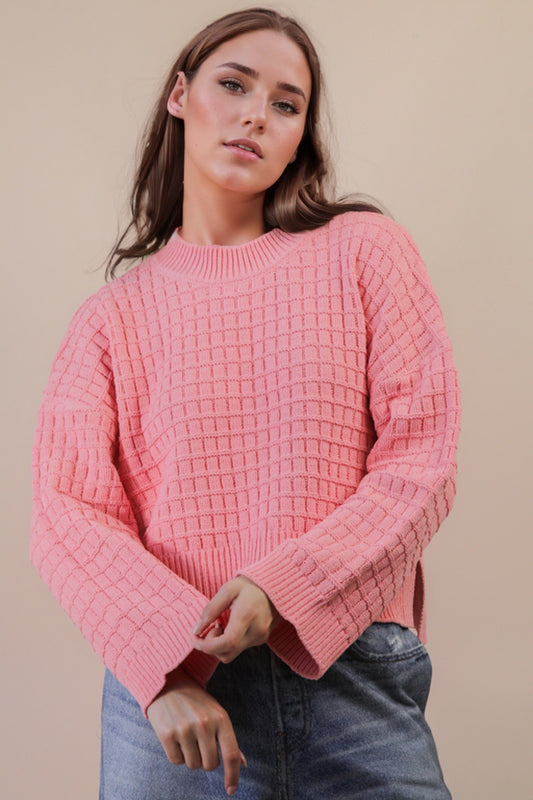 Oversized Textured Solid Casual Knit Sweater Top-Coral