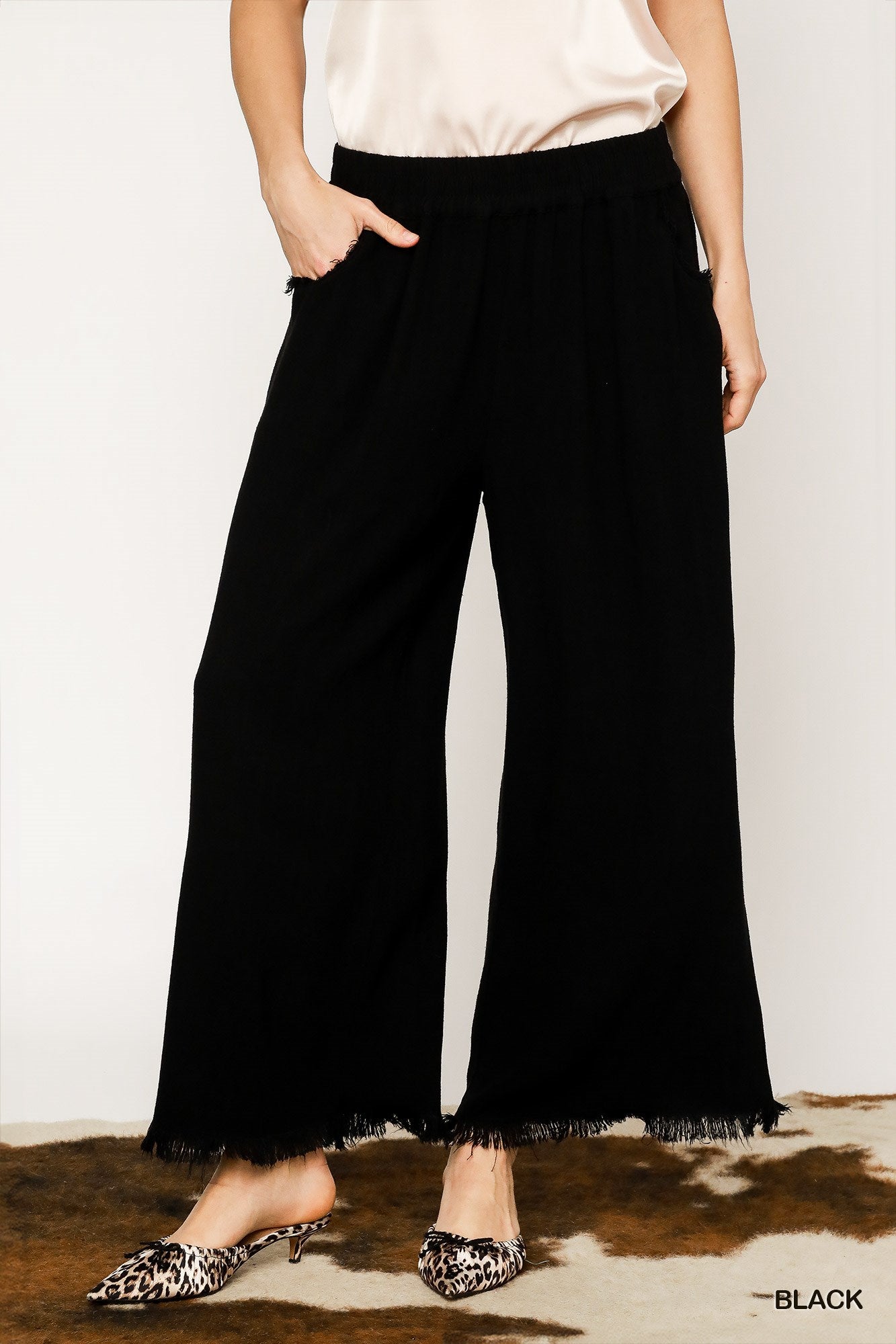 Black Frayed Hem Wide Leg Pants