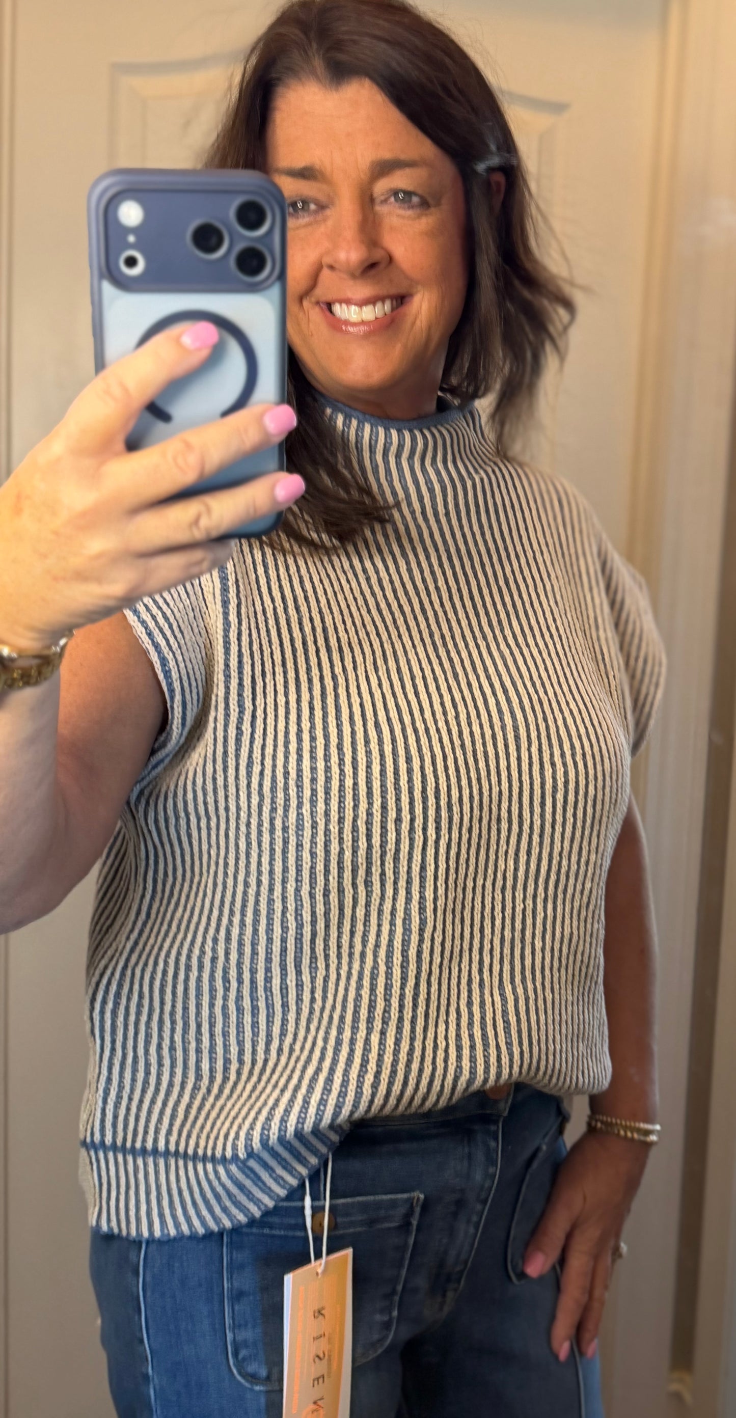 Blue Two Tone Ribbed Knit Sweater Vest