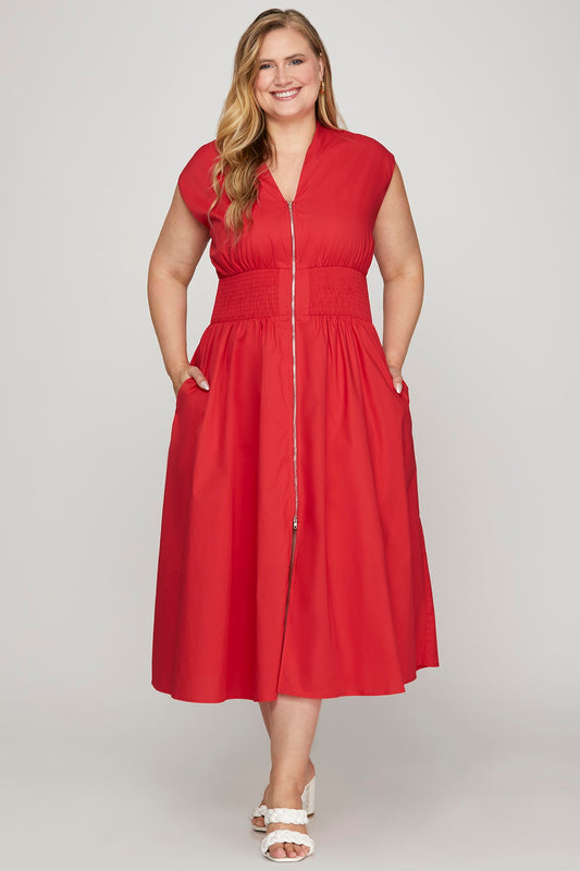 Red Drop Shoulder Smocked Waist Midi Dress