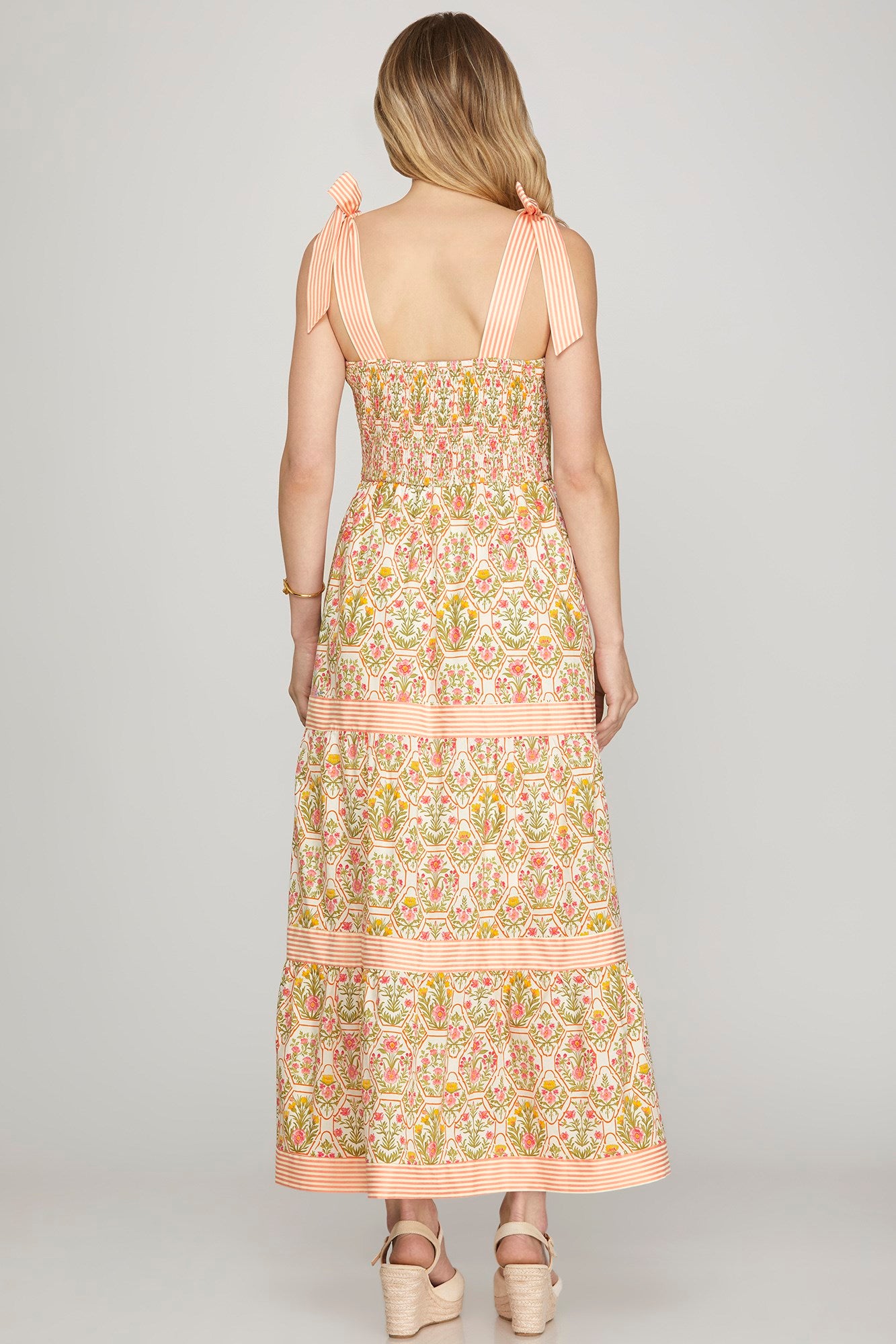 Peach/Pink Sleeveless Contrast Woven Print Tiered Maxi Dress