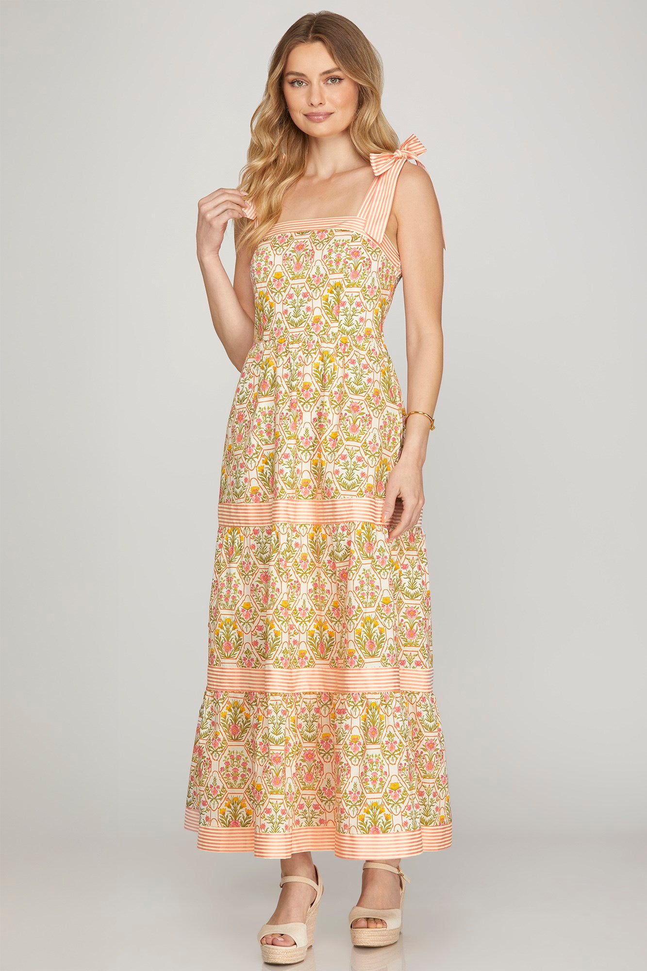 Peach/Pink Sleeveless Contrast Woven Print Tiered Maxi Dress