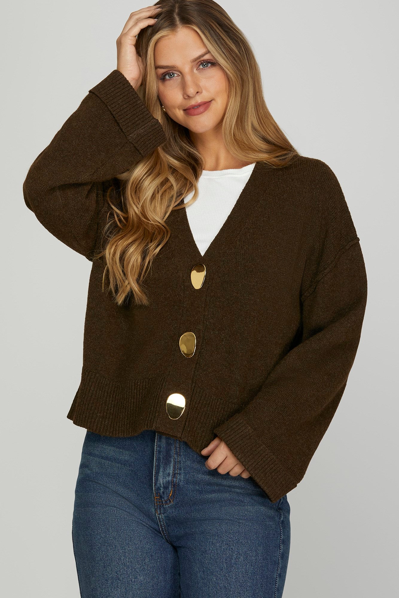 Button Down Knit Cardigan- Brown