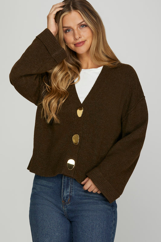 Button Down Knit Cardigan- Brown