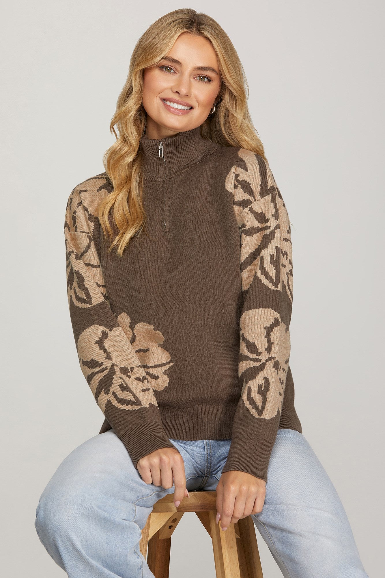 Half Zip Floral Sweater Top-Mocha