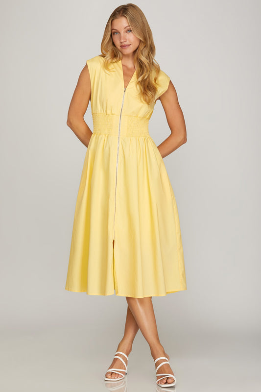 Yellow Drop Shoulder Smocked Waist Midi Dress