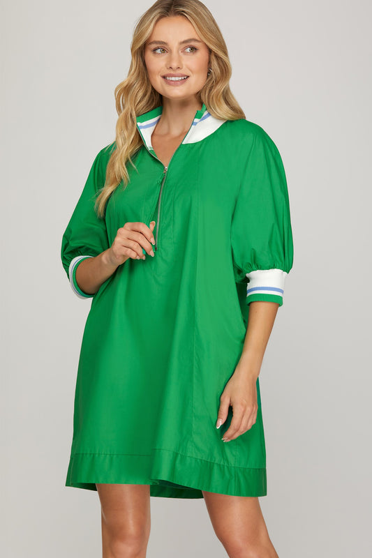 Half Zip Mini Dress-Green