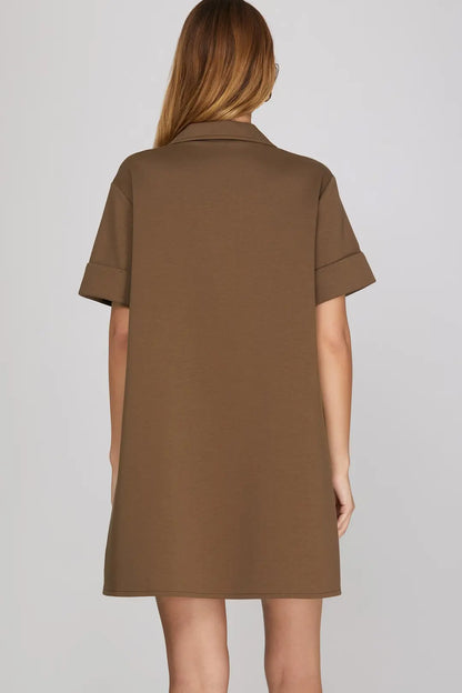 She & Sky Collared Short Sleeve Short Dress Mocha