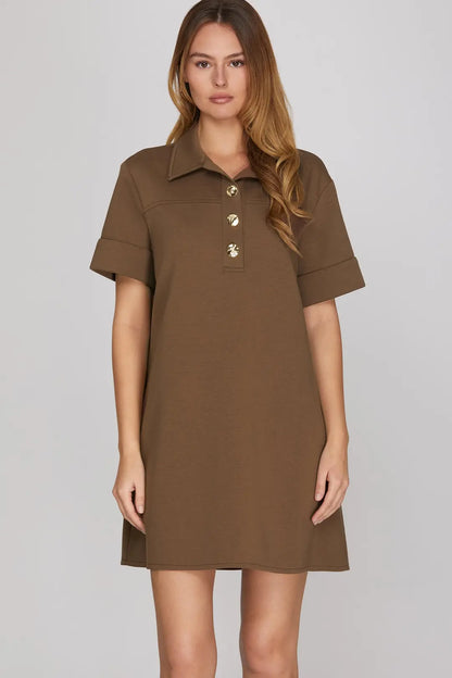 She & Sky Collared Short Sleeve Short Dress Mocha