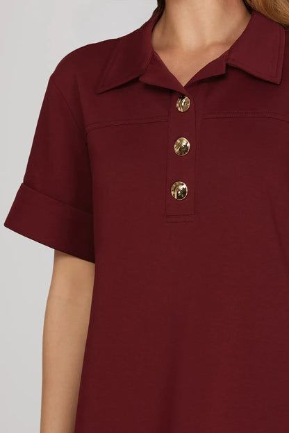 Collared Short Sleeve Short Dress Wine