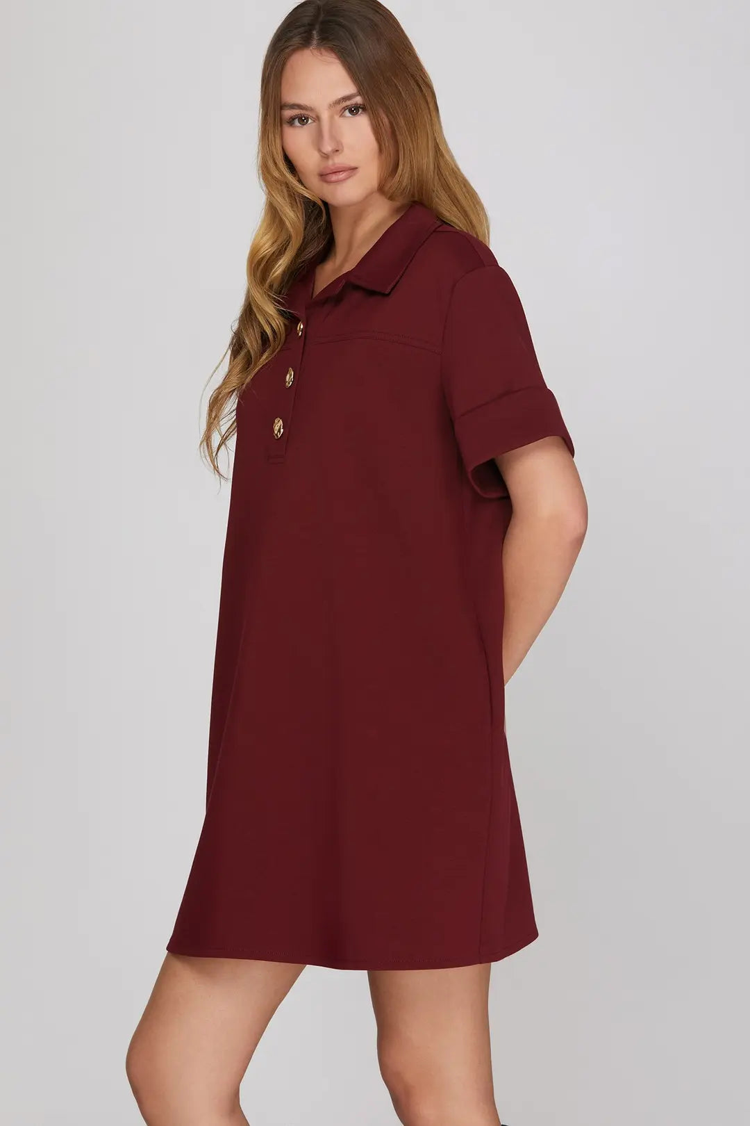 Collared Short Sleeve Short Dress Wine